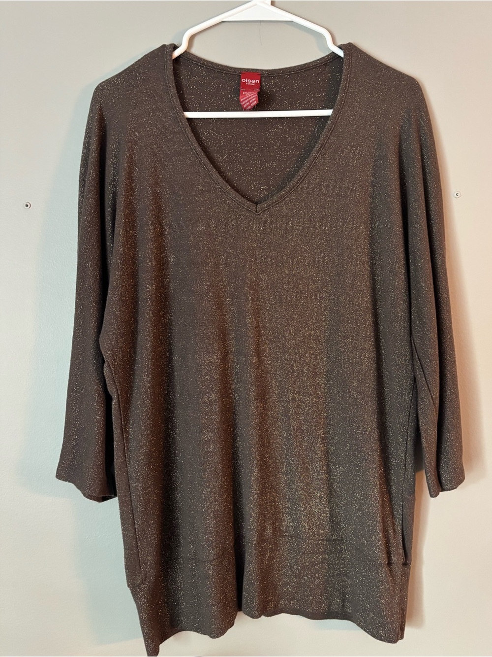 Olsen Metallic Brown V-Neck Long-Sleeve Top
